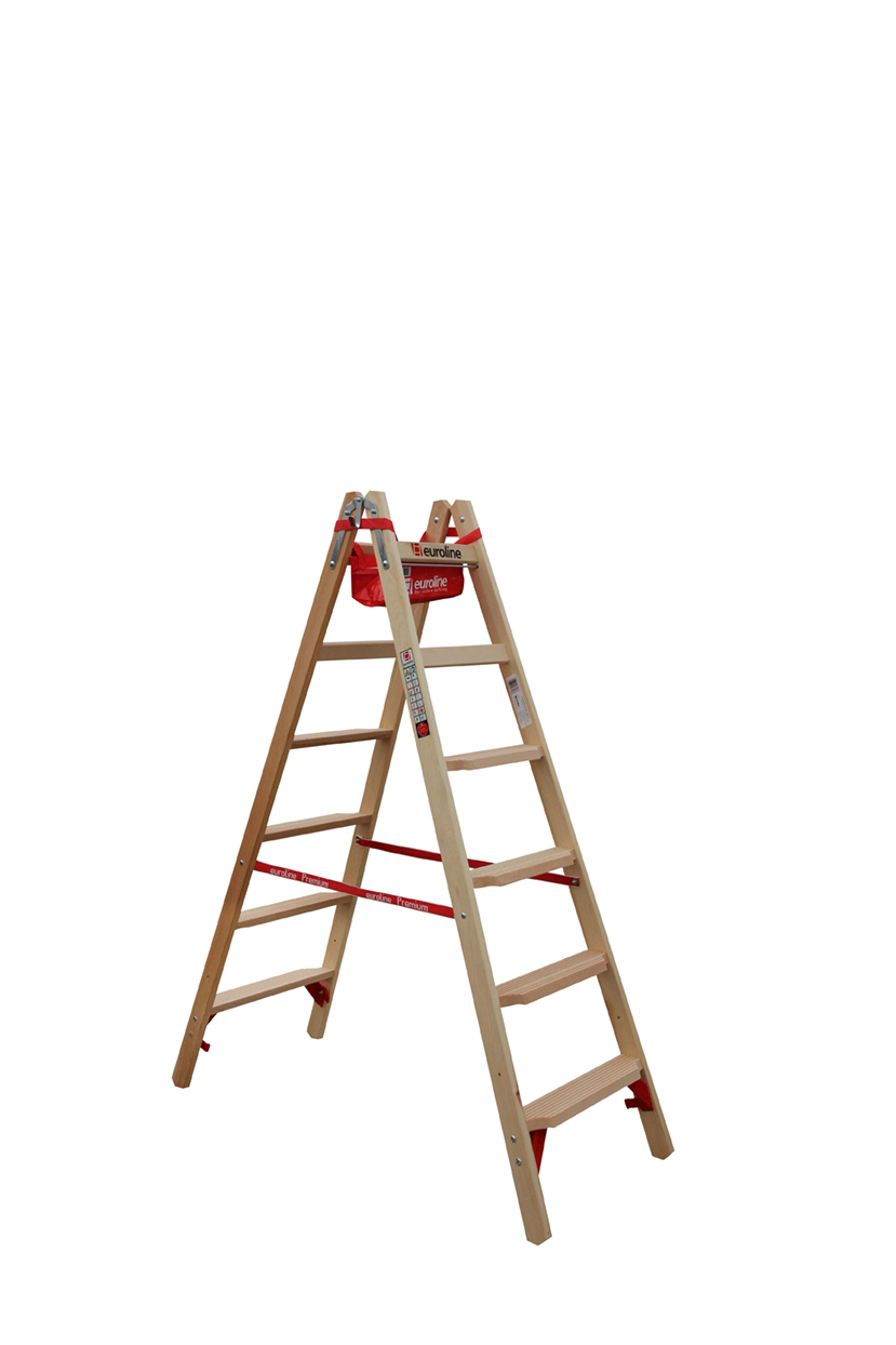 Euroline Holz-Comfort-Stufenstehleiter mit Eimerhaken 2 x 6 Stufen 1,73m 1057706 TRBS 21-21 Teil 2 konform