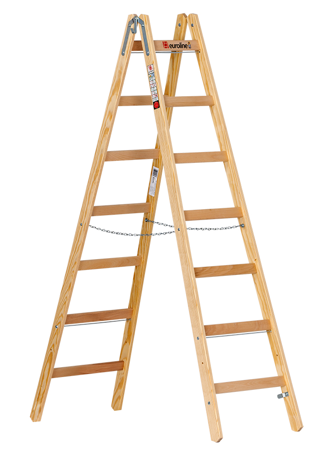 Holz-Sprossenstehleiter mit Eimerhaken 2 x 7 Sprossen 2m 1050107 4003311105071 Euroline
