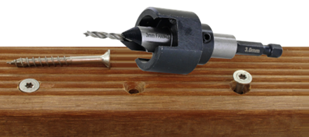 Famag Bohrer-Senker-Satz mit Tiefenanschlag 3-teilig im Holzk. 357750400 für Terrassenbau