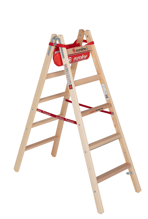Holz-Sprossenstehleiter m. Comfort-Breitsprosse u. Eimerhaken, 2x5 Sprossen 1,5m 1050405 m. Werkzeugablagetasche 4003311154055 Euroline