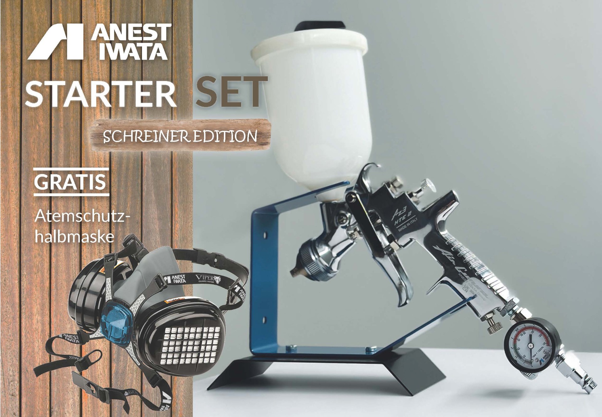 Iwata Lackierpistole Starter Set Schreiner Edition DE510057 mit Atemschutzhalbmaske