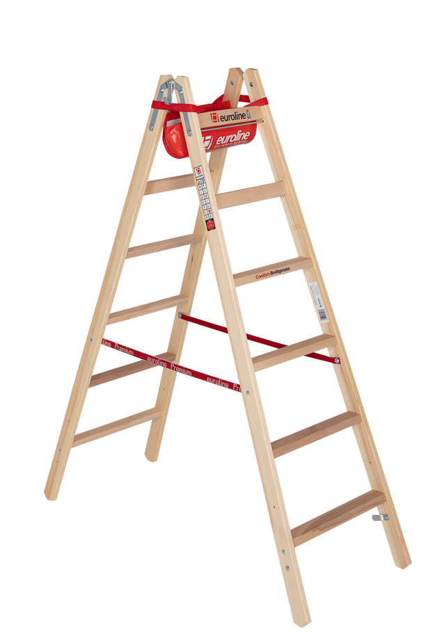 Holz-Sprossenstehleiter m. Comfort-Breitsprosse u. Eimerhaken, 2x6 Sprossen 1,75m 1050406 m. Werkzeugablagetasche 4003311154062 Euroline