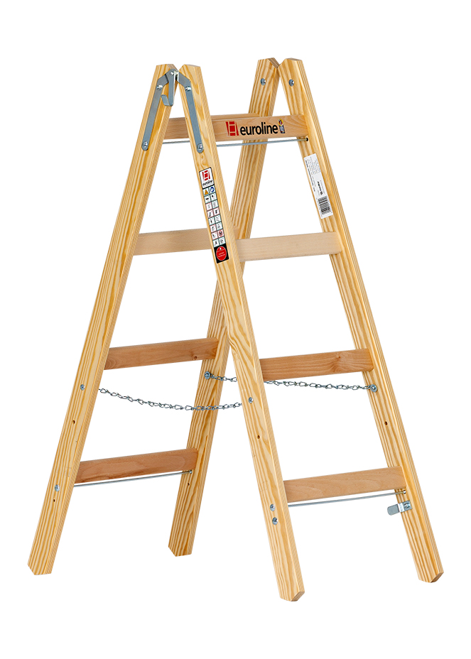 Holz-Sprossenstehleiter mit Eimerhaken 2 x 4 Sprossen 1,2m 1050104 4003311105040 Euroline