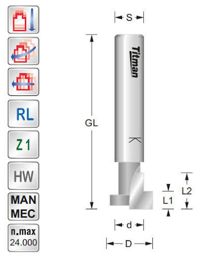 Titman Nutfräser HW M1620-8 Z=2 D=16 L=20 GL=53 S=8