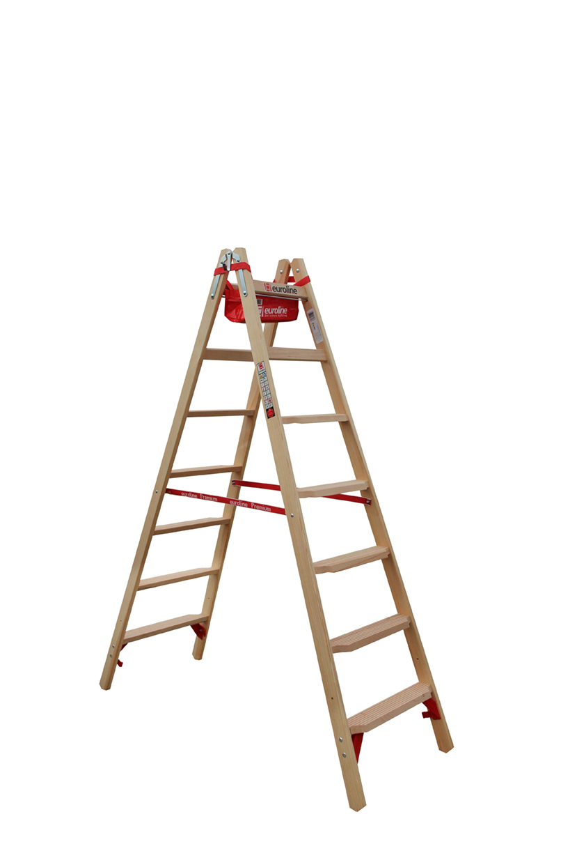 Euroline Holz-Comfort-Stufenstehleiter mit Eimerhaken 2 x 7 Stufen 2m 1057707 TRBS 21-21 Teil 2 konform