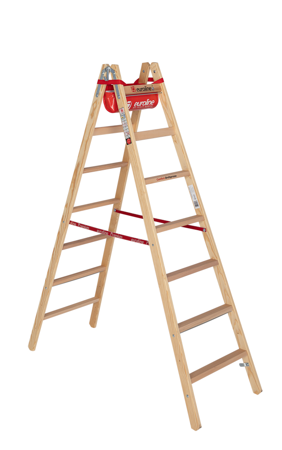 Holz-Sprossenstehleiter m. Comfort-Breitsprosse u. Eimerhaken, 2x7 Sprossen 2m 1050407 m. Werkzeugablagetasche 4003311154079 Euroline