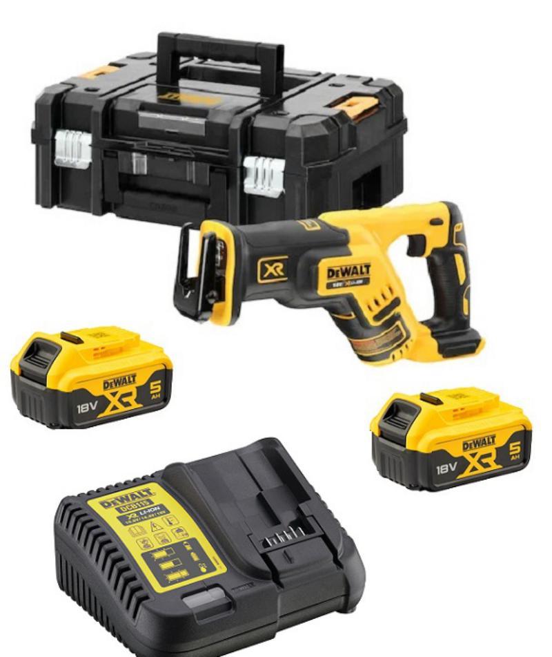 Dewalt 18V Akku-Säbelsäge mit 2x5Ah 18V XR Akkus, Schnellladegerät, inkl. 24 Säbelsägeblätter DCS367P2-QW T-STAK Box II