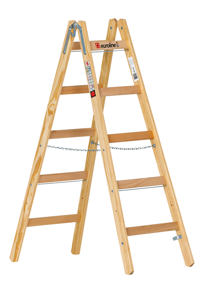 Holz-Sprossenstehleiter mit Eimerhaken 2 x 5 Sprossen 1,5m 1050105 4003311105057 Euroline
